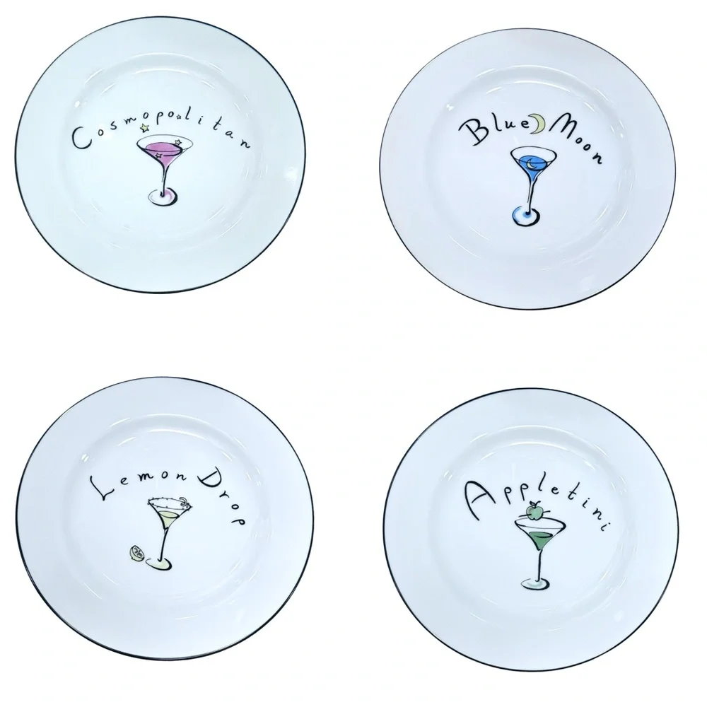 POTTERY BARN MARTINI DESIGN SET OF 4 WHITE COCKTAIL/APPETIZER CERAMIC PLATES