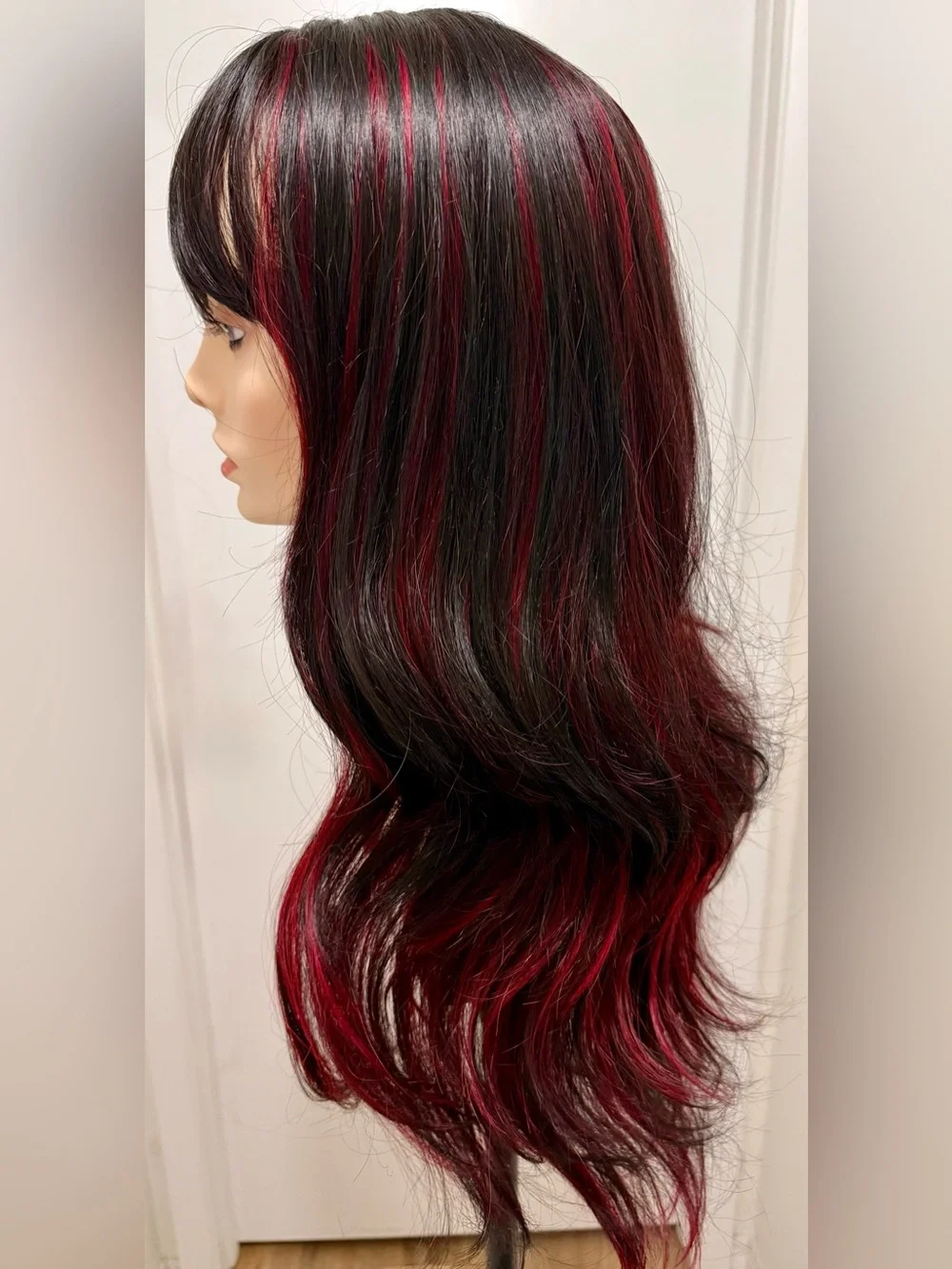HAIR 25” Wavy Long Layers with Bangs Black Burgundy/Red Highlights