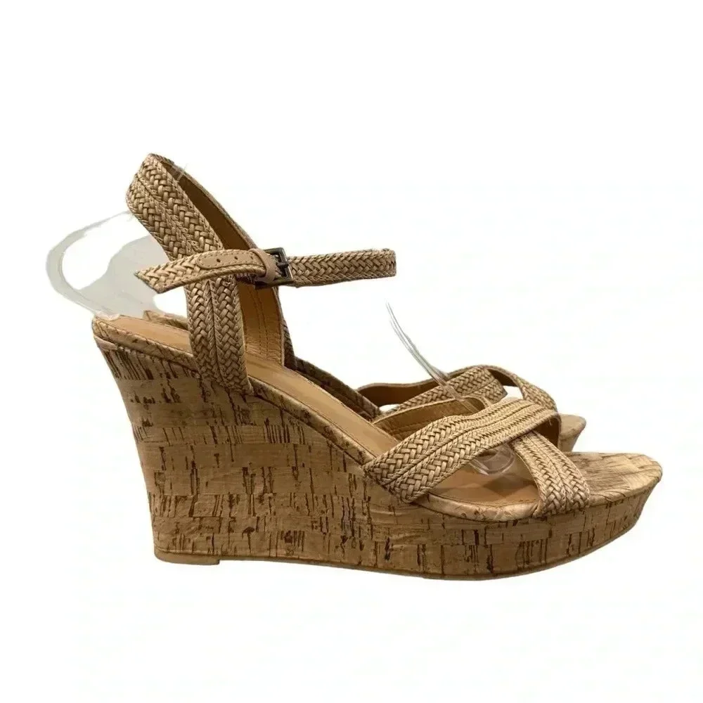 J. Crew Light Brown Braided Cork Wedge Heel Sandals 9.5