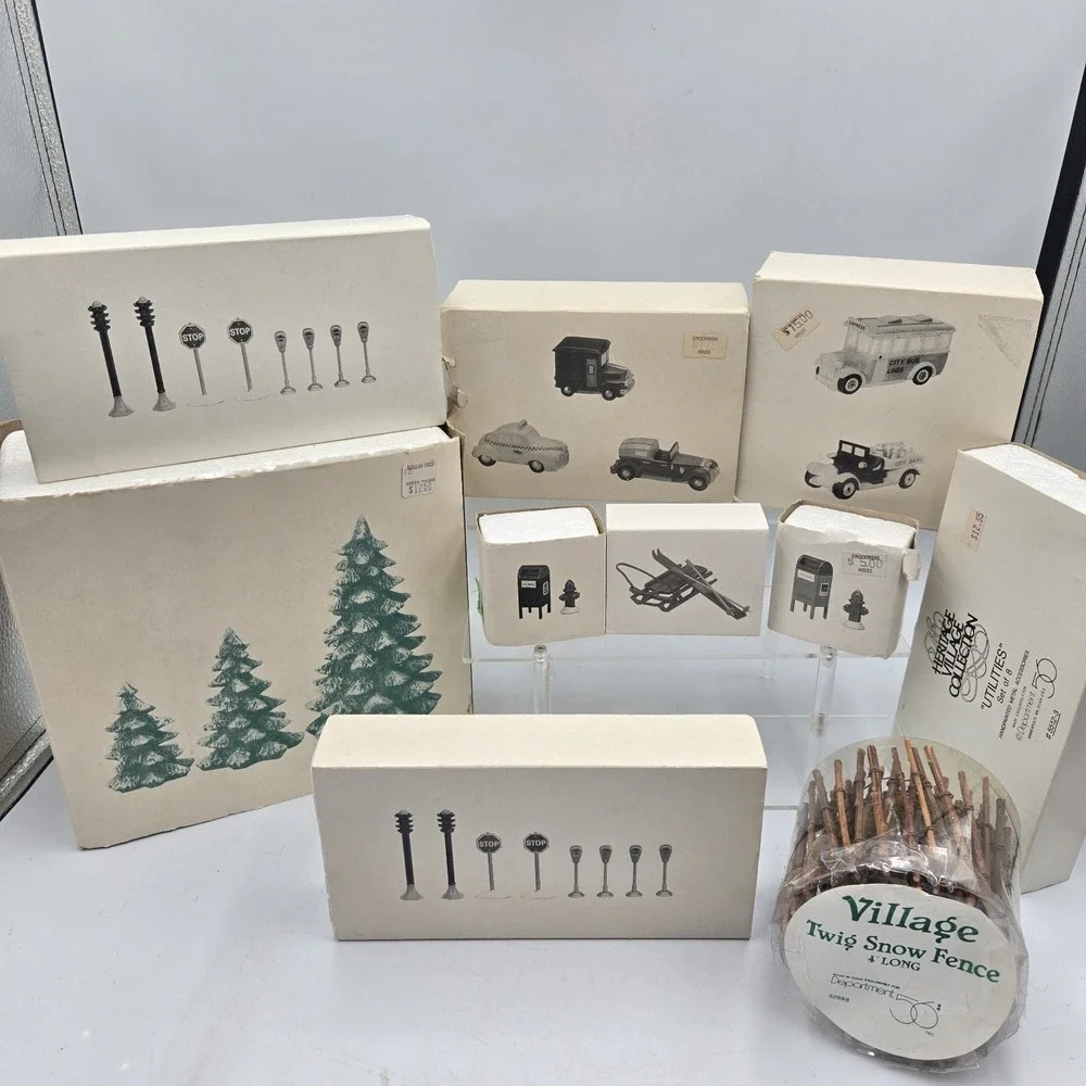 Vtg Dept 56 Mixed Village Lot Trees Cars Mailbox Utilities Christmas Accessories