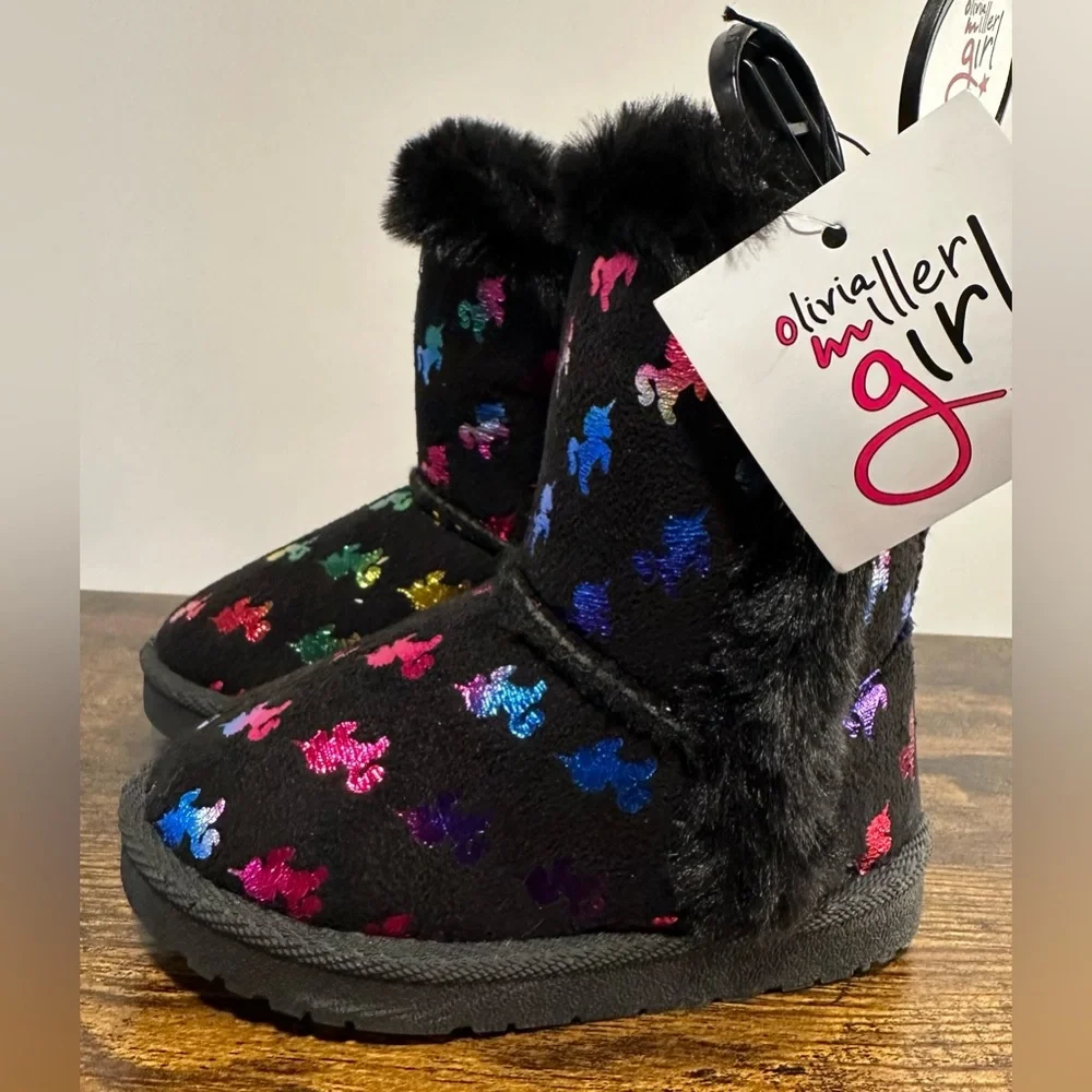Olivia Miller Girl Toddler Black/Multi Unicorn Winter Boots NWT Size 7