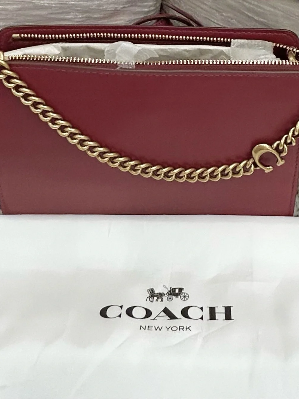 Coach Crimson Leather Crossbody with Gold Chain Strap