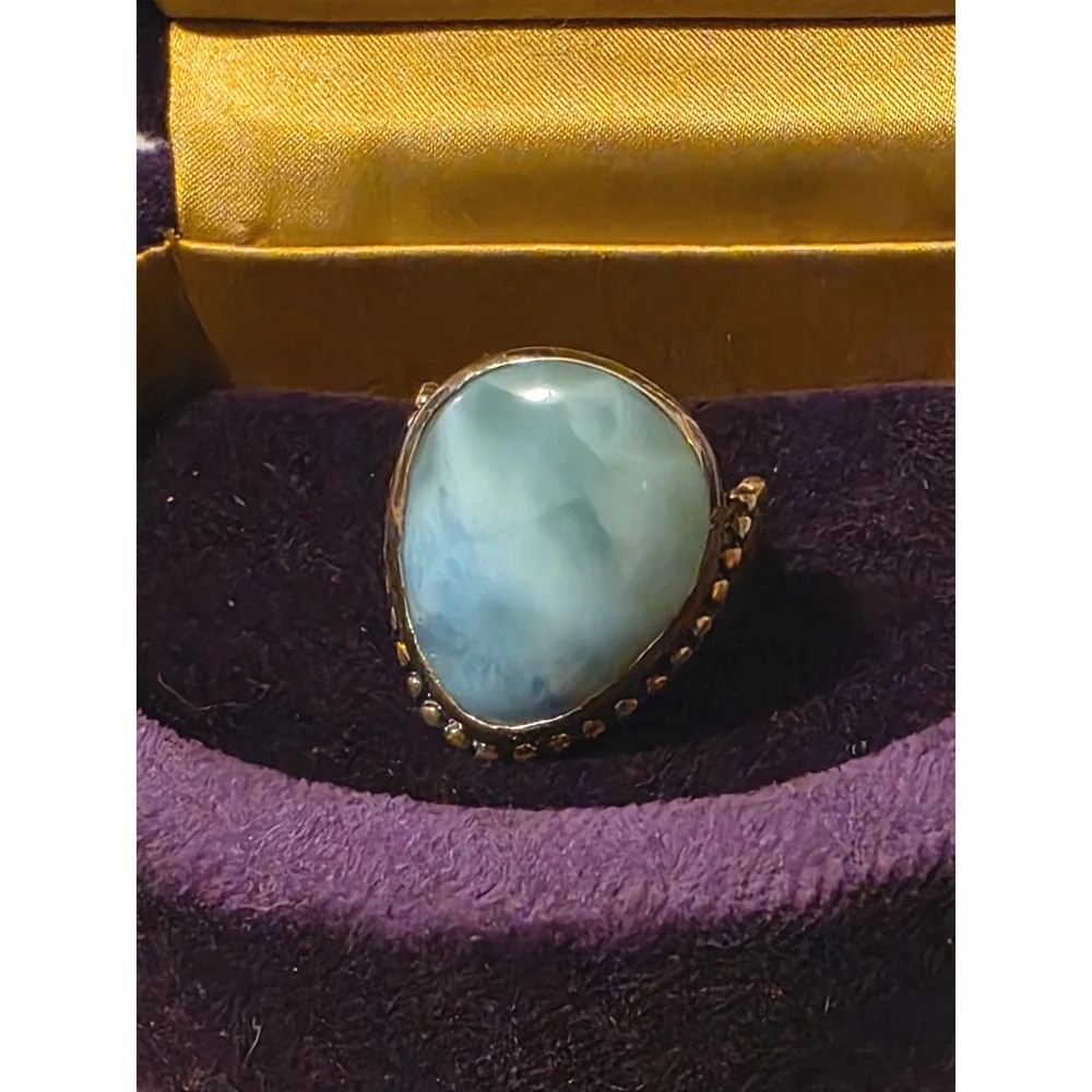 Sterling‎ Silver Larimar Teardrop Statement Ring Size 10.25 Boho Beaded Trim