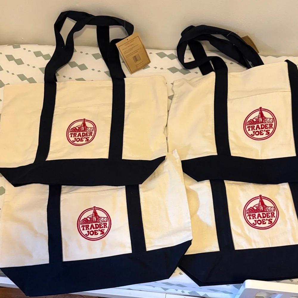 NWT Set of 4 Trader Joe's Canvas Tote Blue and White Large Bags