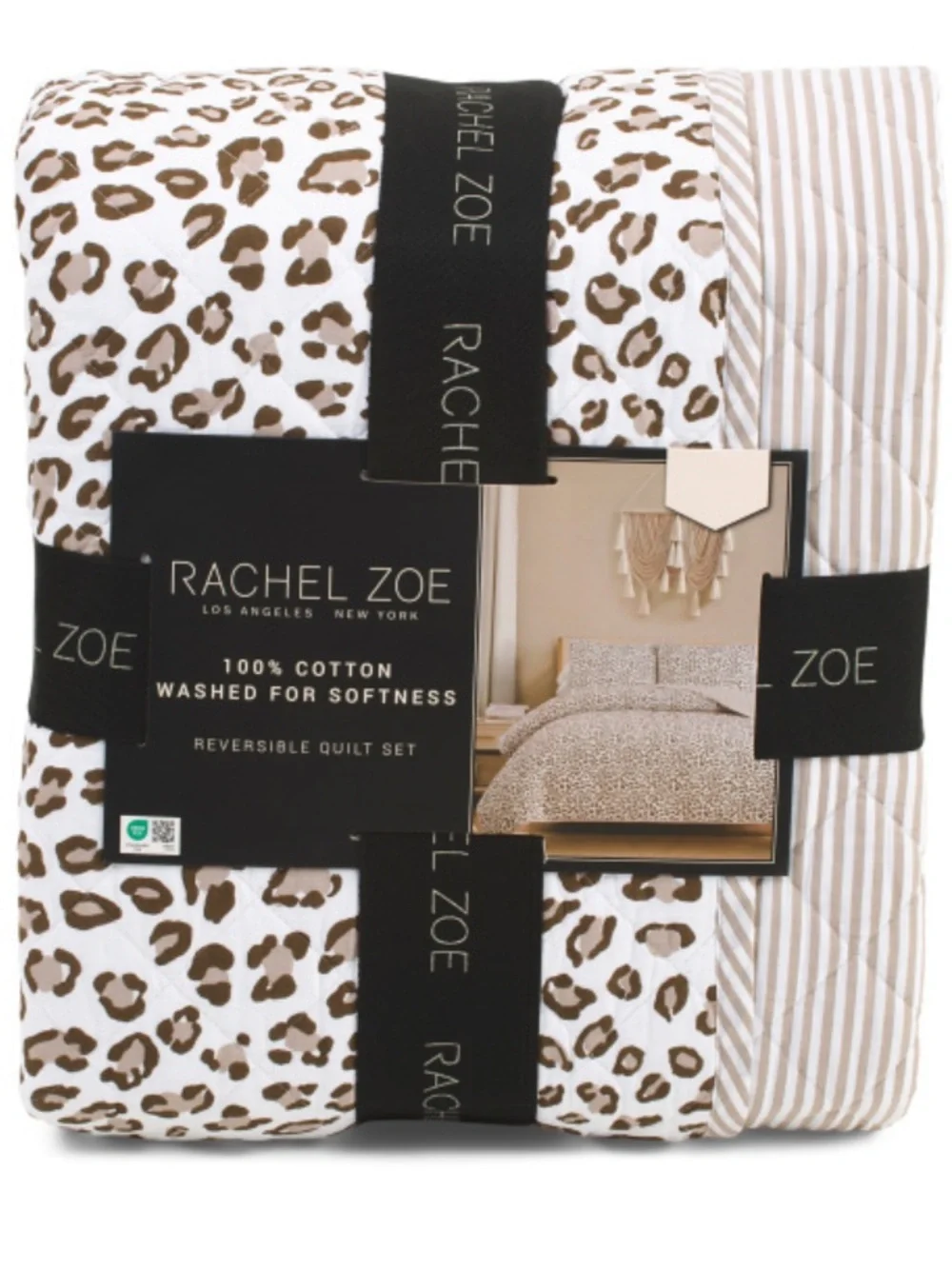 Rachel Zoe Leopard Print Reversible Quilt with Tan Stripes