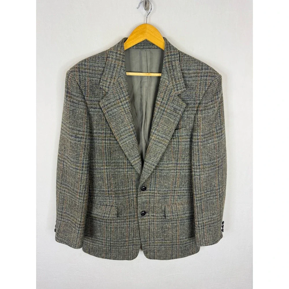 Harris Tweed Mens 40 Regular Glen Plaid Wool Blazer Jacket Green Brown Scotland