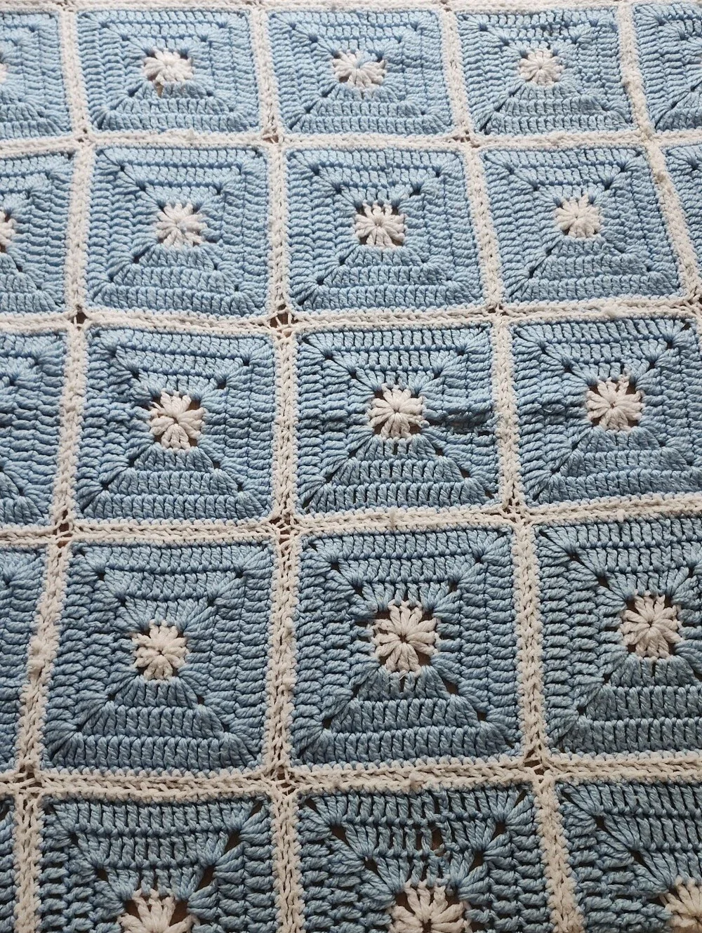 Handmade Crochet Granny Square Throw - Blue & Cream