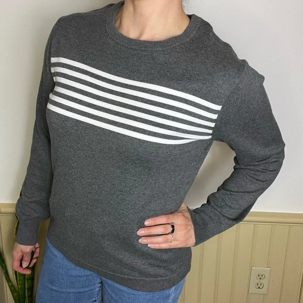 J.Crew Gray Striped Sweater 100% Cotton Soft Lightweight Unisex Women’s Sz M