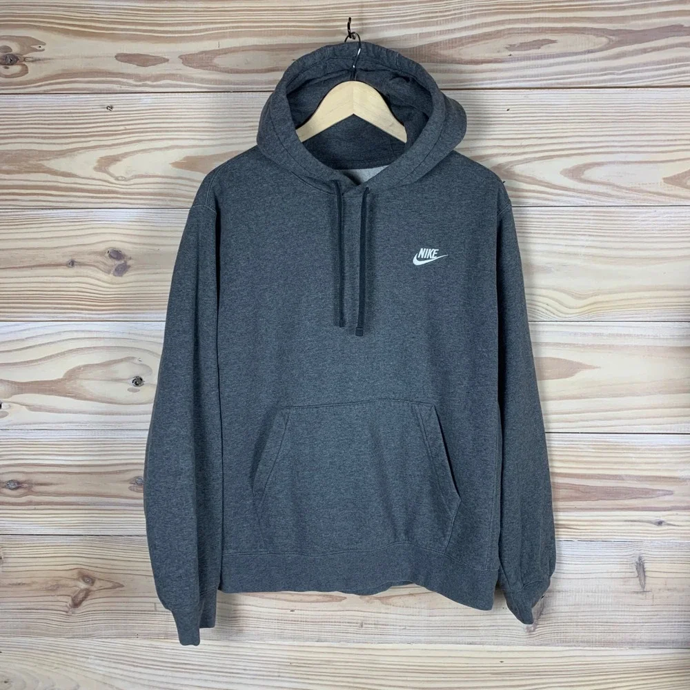 Nike Hoodie Mens Medium Charcoal Grey Sportswear Club Fleece BV2654-071 Pullover
