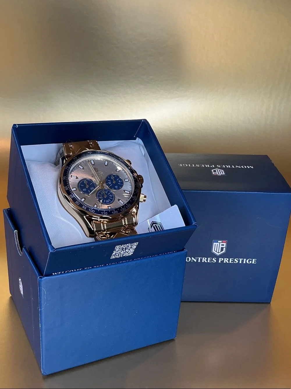 Invicta Rose Gold Tone Chronograph Watch with Blue Dial