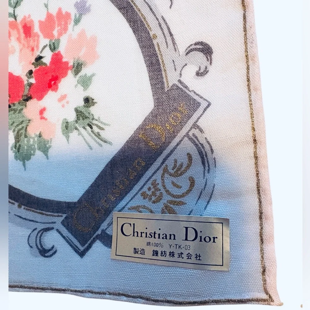 Christian Dior Silk Scarf 18.5” Floral Wreath Pink Gold NOS Sticker Tag CD