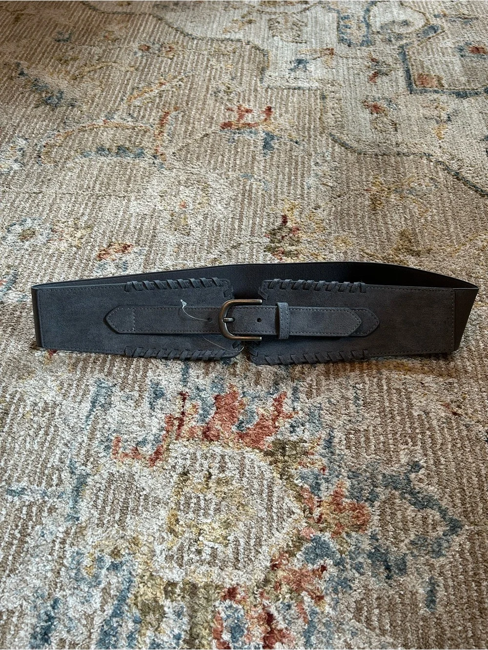 stretchy Wide gray Belt with Decorative Stitching