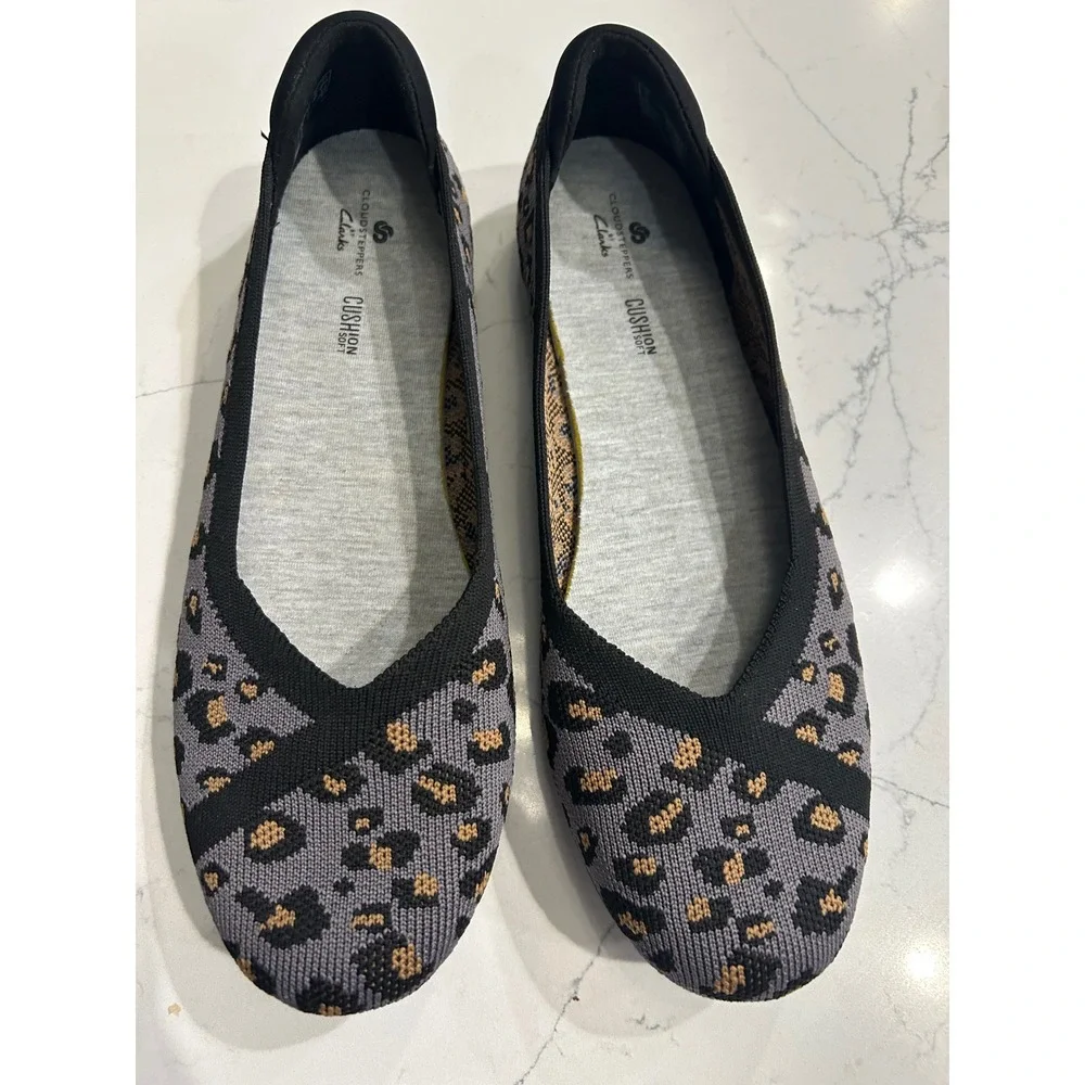 Clarks Carly Wish Flats Grey Leopard Print Cloudsteppers Knit Slip On Shoes