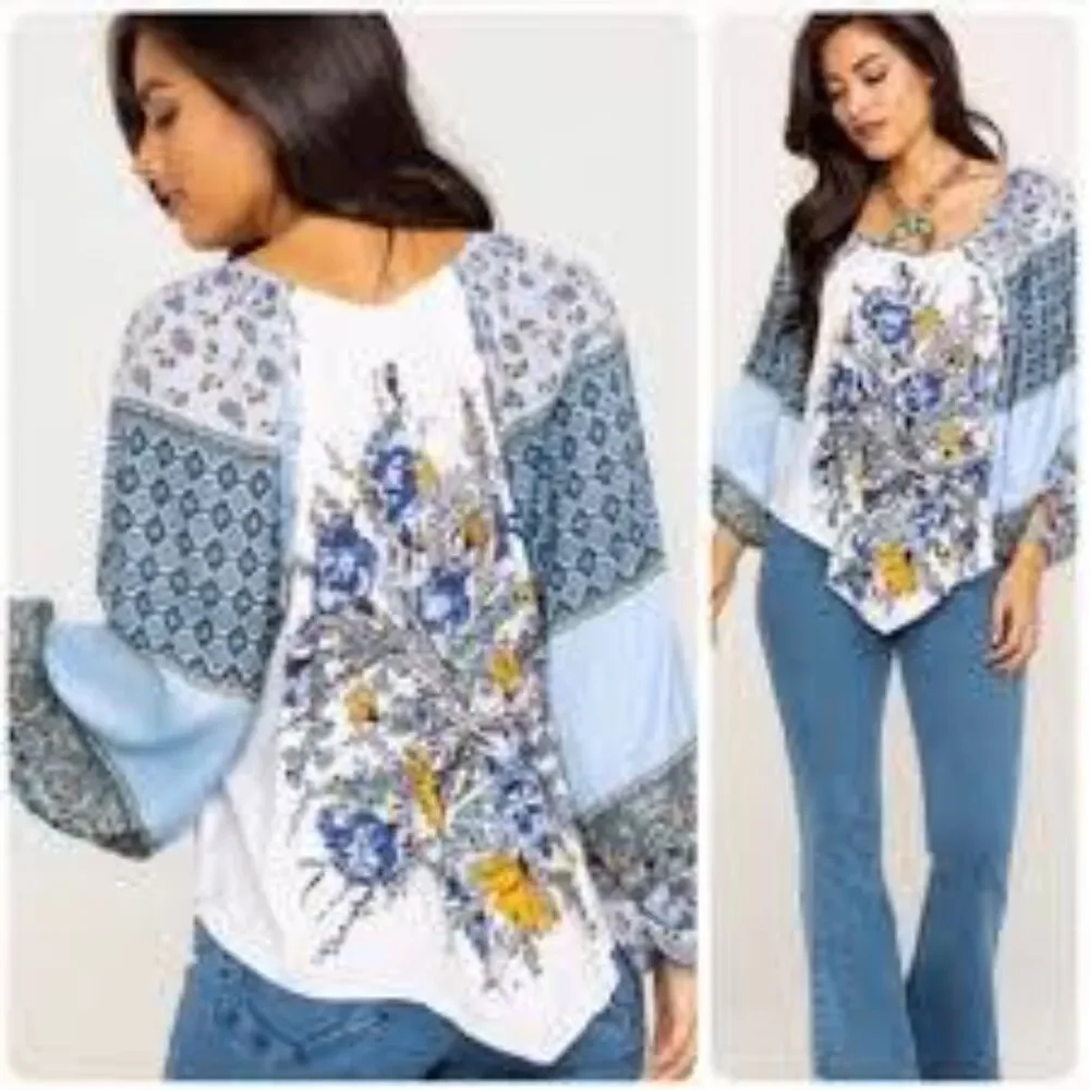 Free People Positano Printed Peasant Top Boho Prairie Cottage Flowy Size M