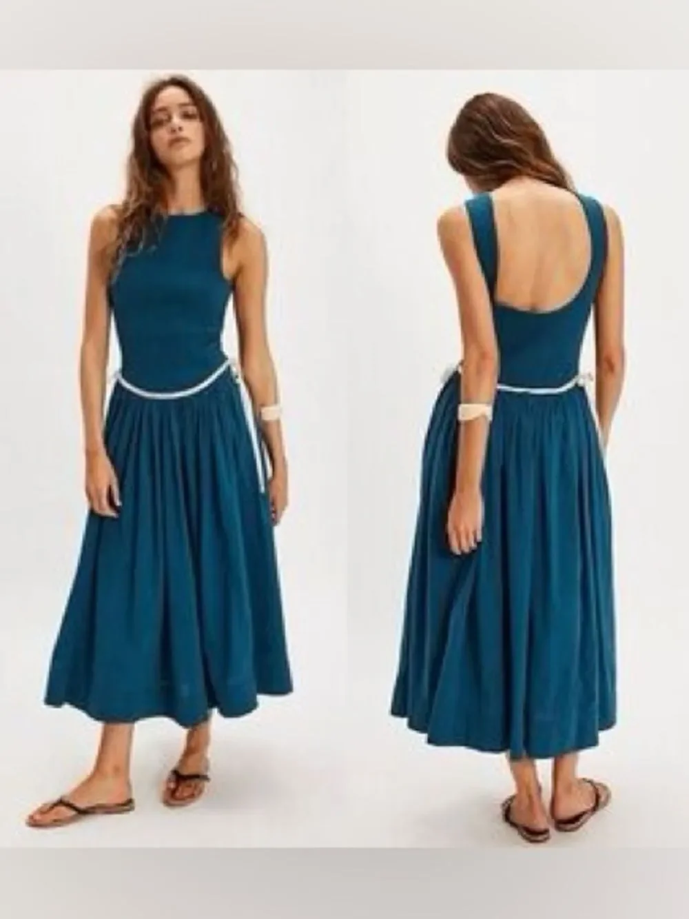 Free People Nightingale Seersucker Teal Sleeveless Boho Midi Dress Scoop Back