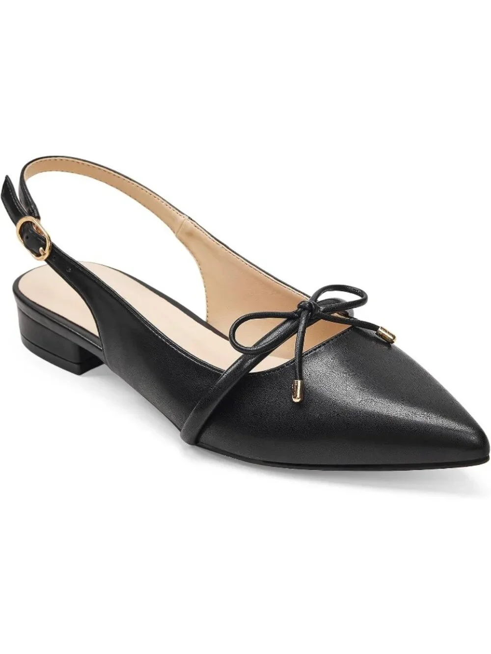 Women's Black Slingback Flats Closed Pointed Toe Bow Low Block Chunky Heel Shoes
