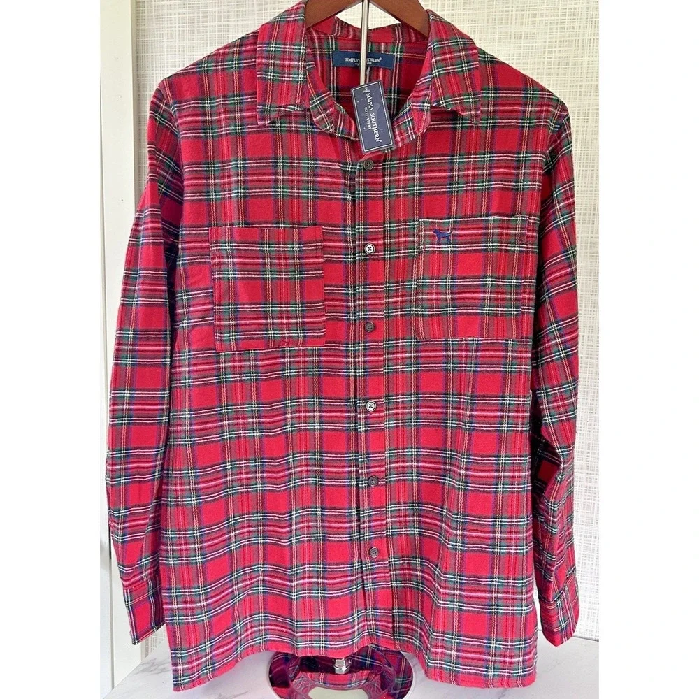 Simply Southern Flannel Shirt Men's Red Plaid Button Up‎ Pocket Preppy BxW