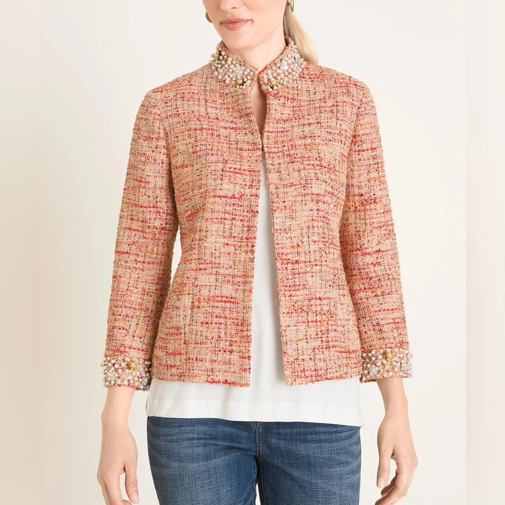 Chico's‎ Embellished Tweed Jacket Womens 12 Career Artsy Spring Career Preppy