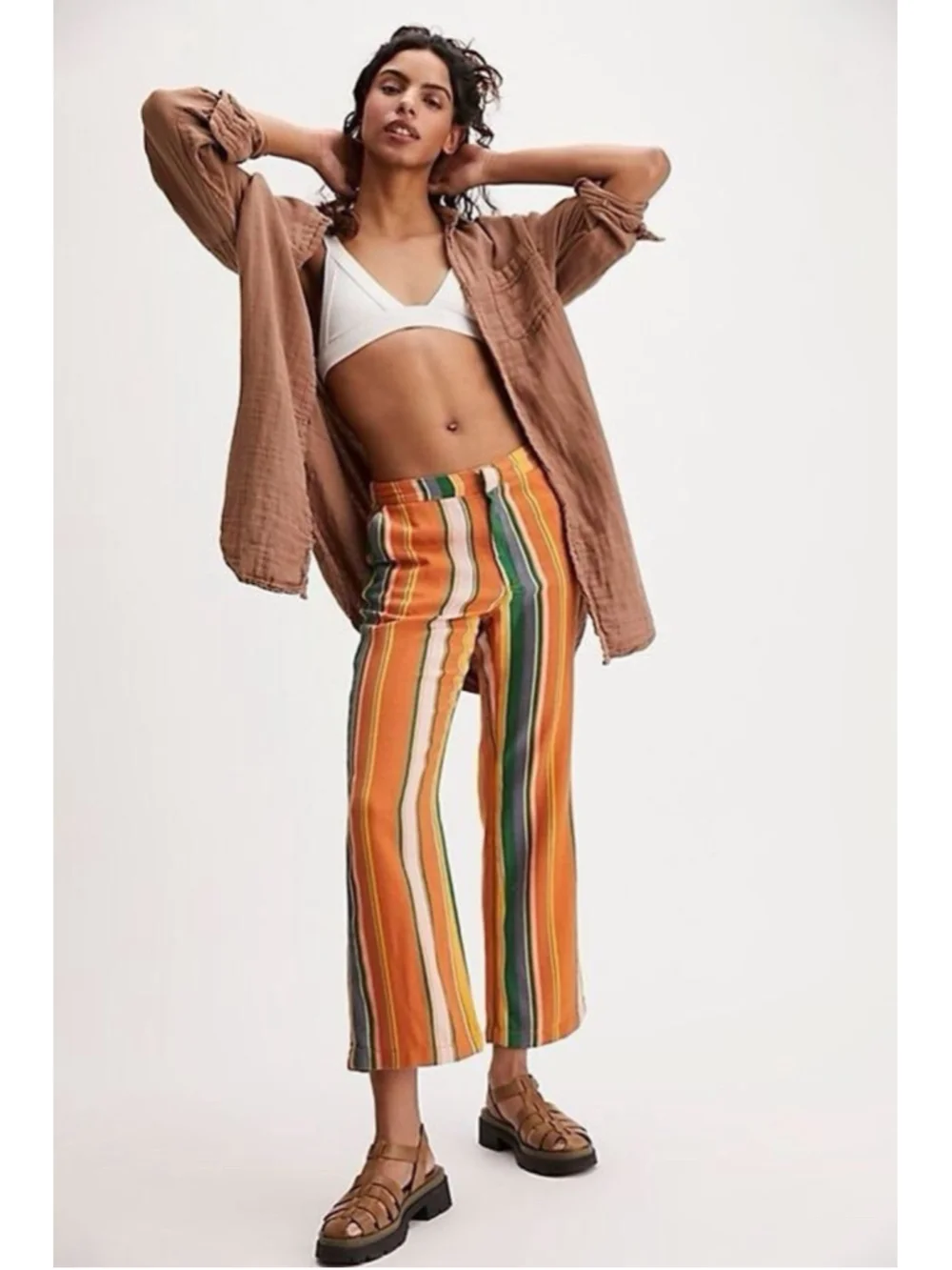 NEW Free People La Paz Organic Cotton Orange Stripe Crop Pants Boho Retro Sz 0