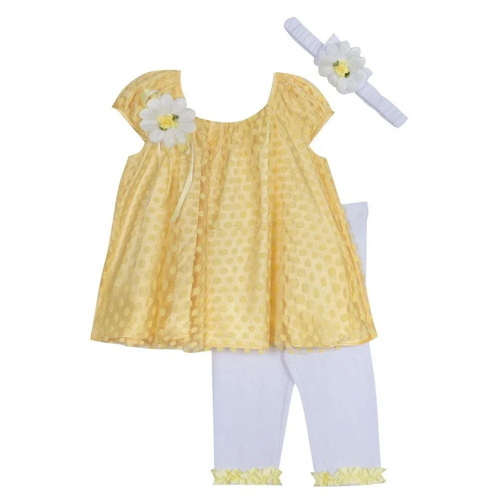 Rare Editions Baby Girls‎ Dot Mesh Top, Legging, Headband, 3 Piece Set - Yellow