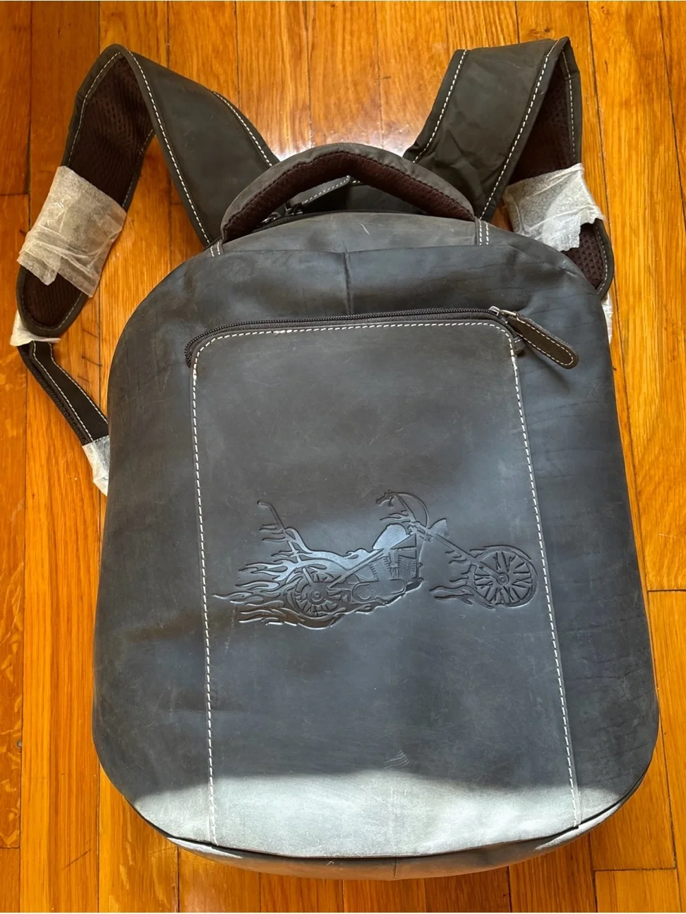 Men's Brown Leather Backpack with Embossed Motorcycle Design