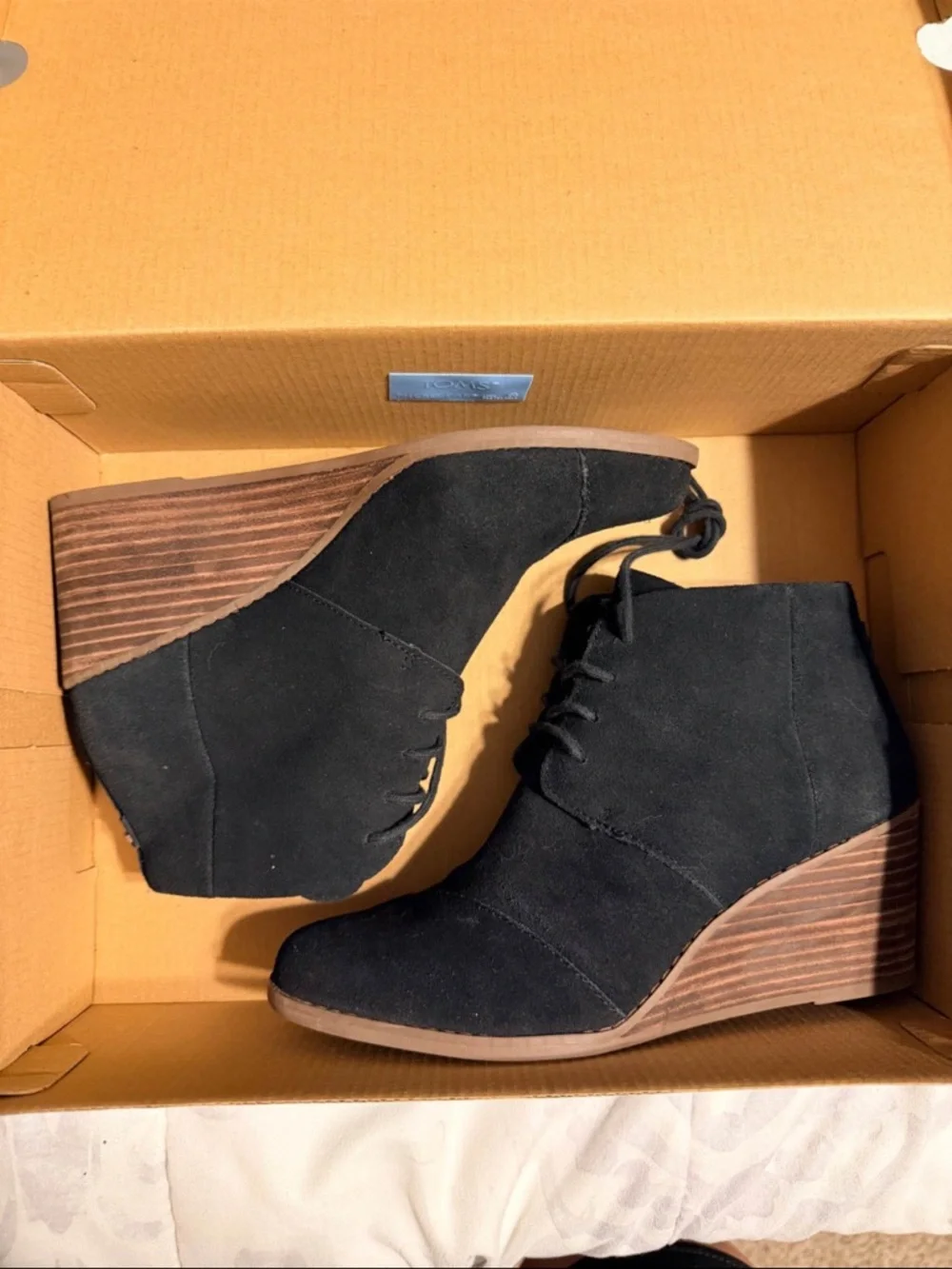 Toms Black Suede Wedge Ankle Bootie