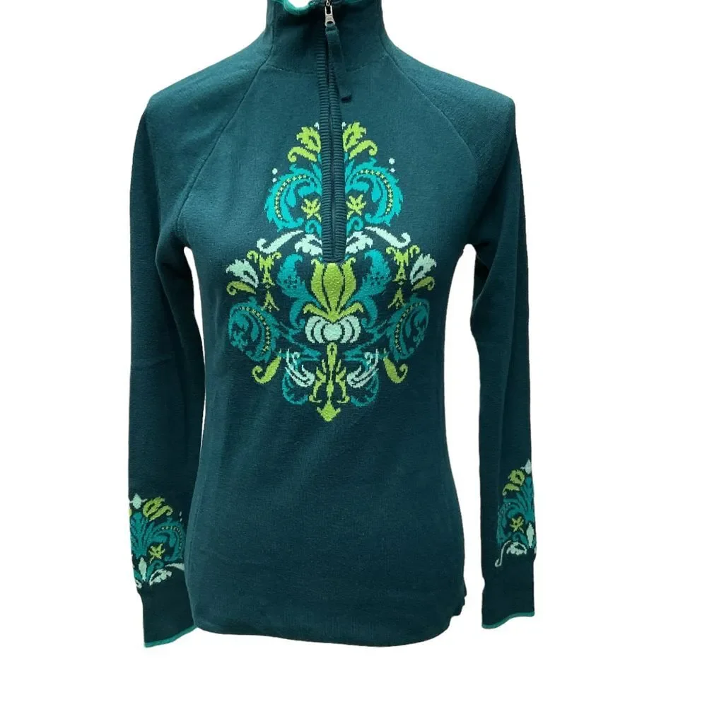 Athleta 1/4 Zip Floral‎ Knit Pullover Sweater Blue Green Thumbholes Size S Cozy