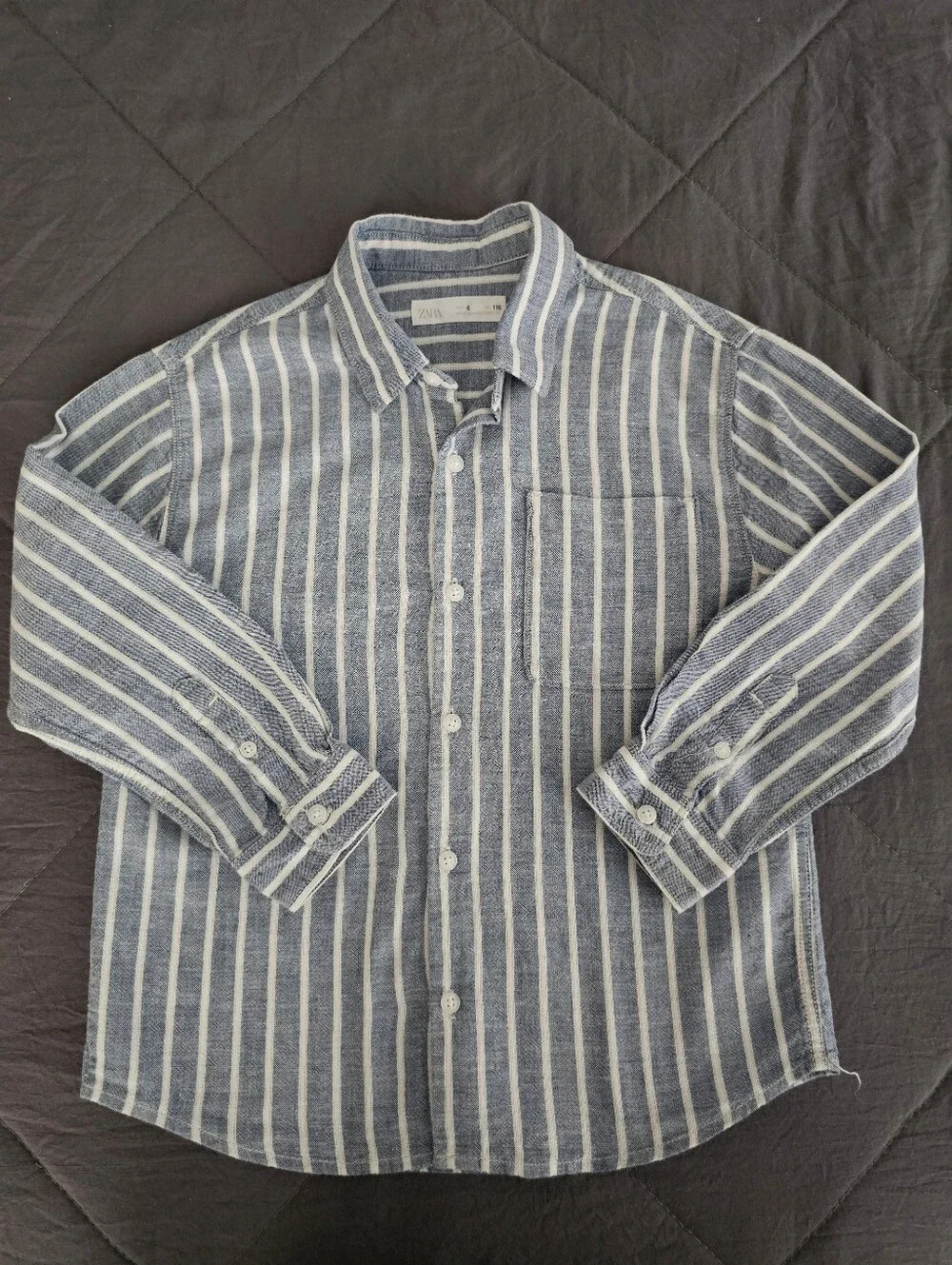 Zara Kids,  Linen Blend Blue and White Striped Button-Down Shirt, Size 6 Boys