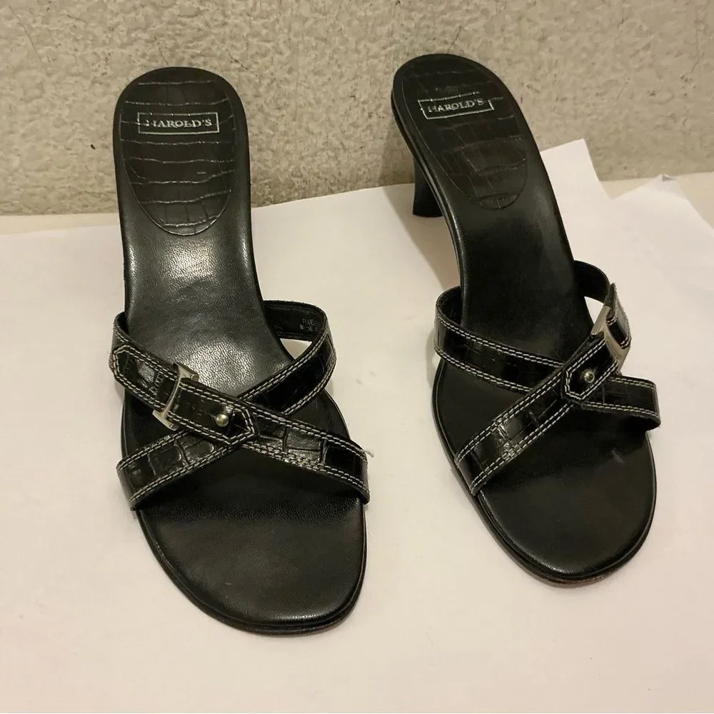 Harold’s black  with white stitches Size 10 M slip on sandals