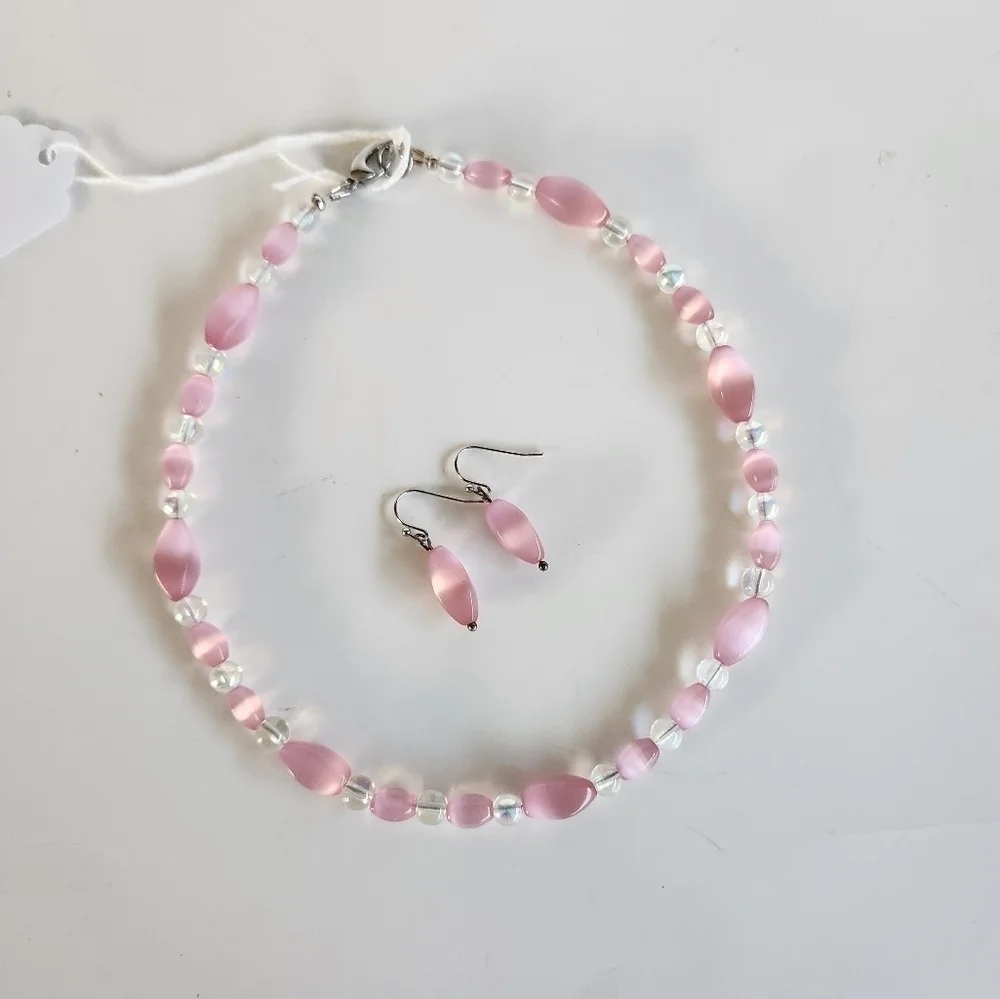 Hand Crafted Necklace and Pierced Pink Cat's Eye Iridescent Beads 15.5
