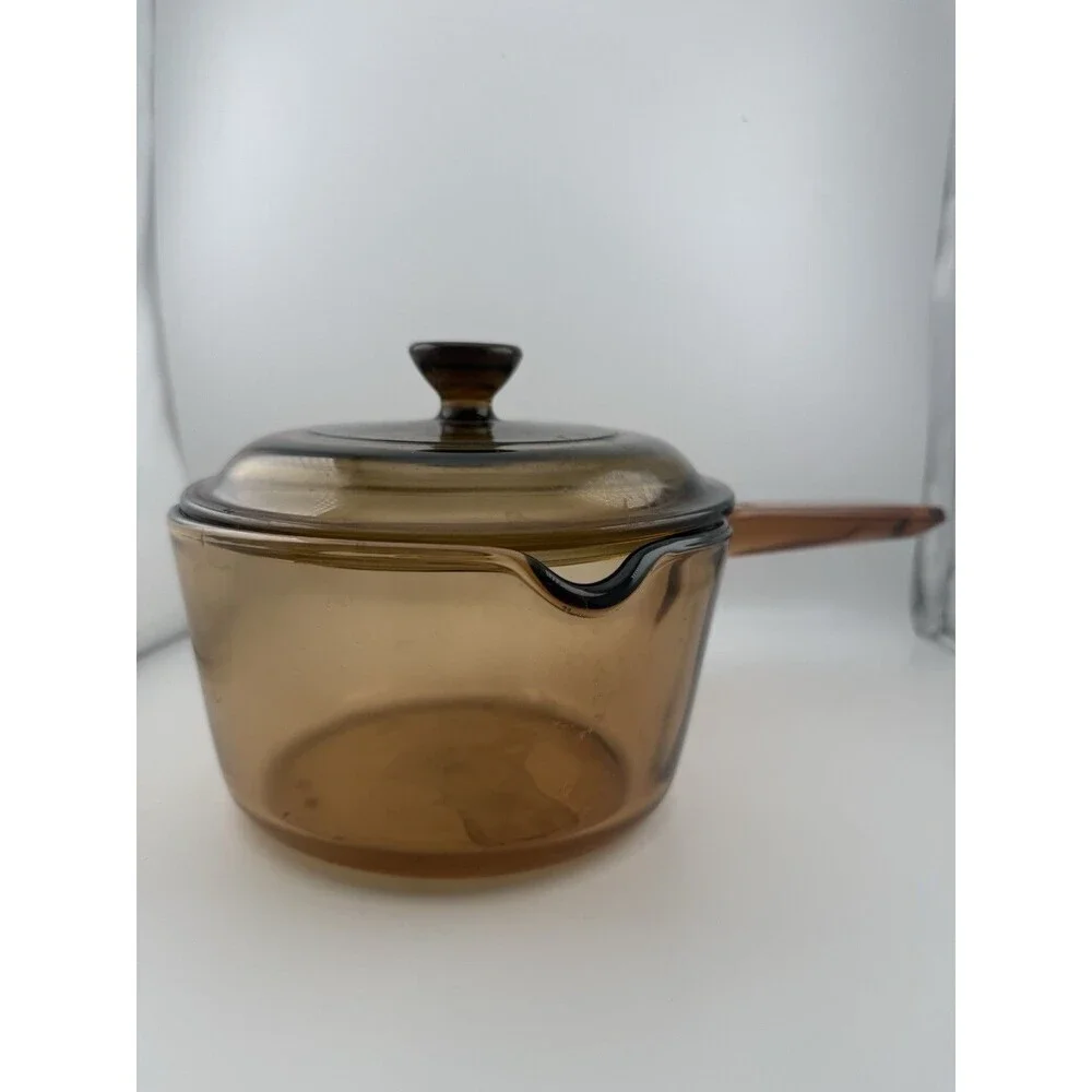 CORNING VISION AMBER Glass 1 Liter Saucepan w/ Spout and PYREX Lid V-1-C A, USA