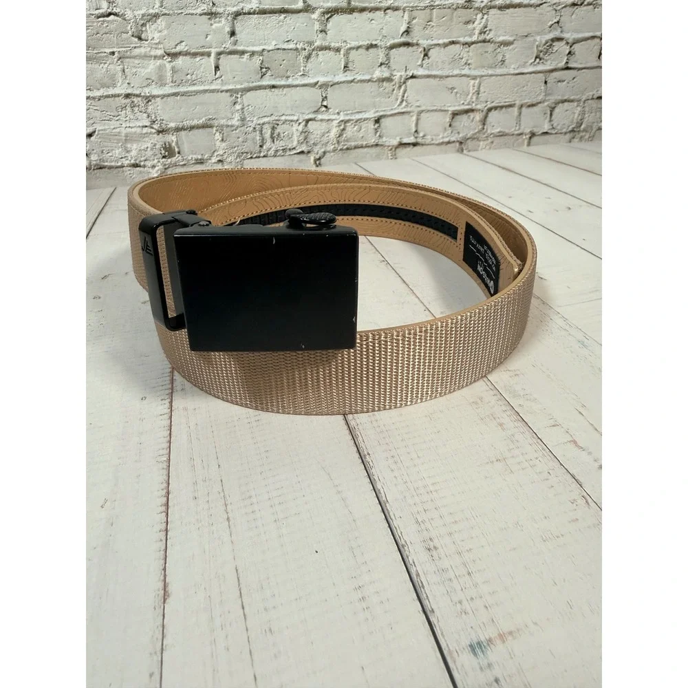 Mission Belt Mens Tan Nylon Ratchet Belt Black Buckle Topographic Map 42 Inch