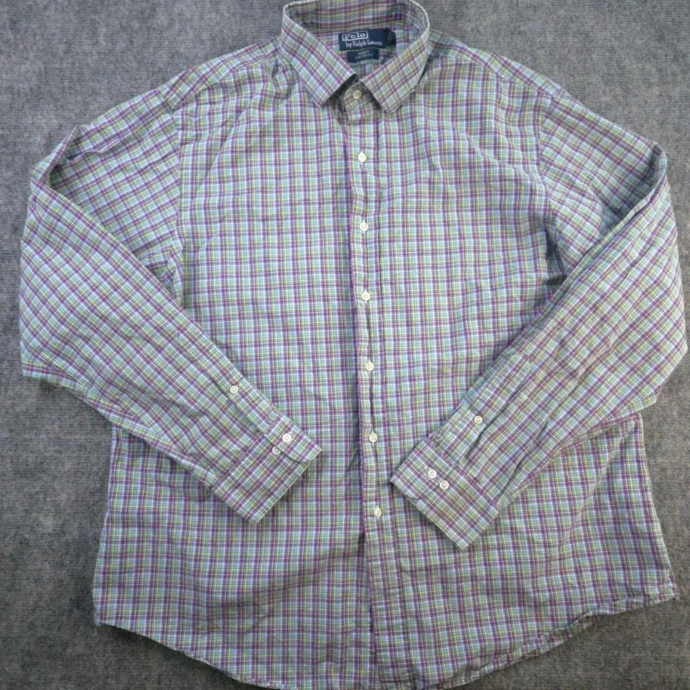 Polo Ralph Lauren Shirt 2XL 18 Regent Custom Fit Purple Green Check Long‎ Sleeve