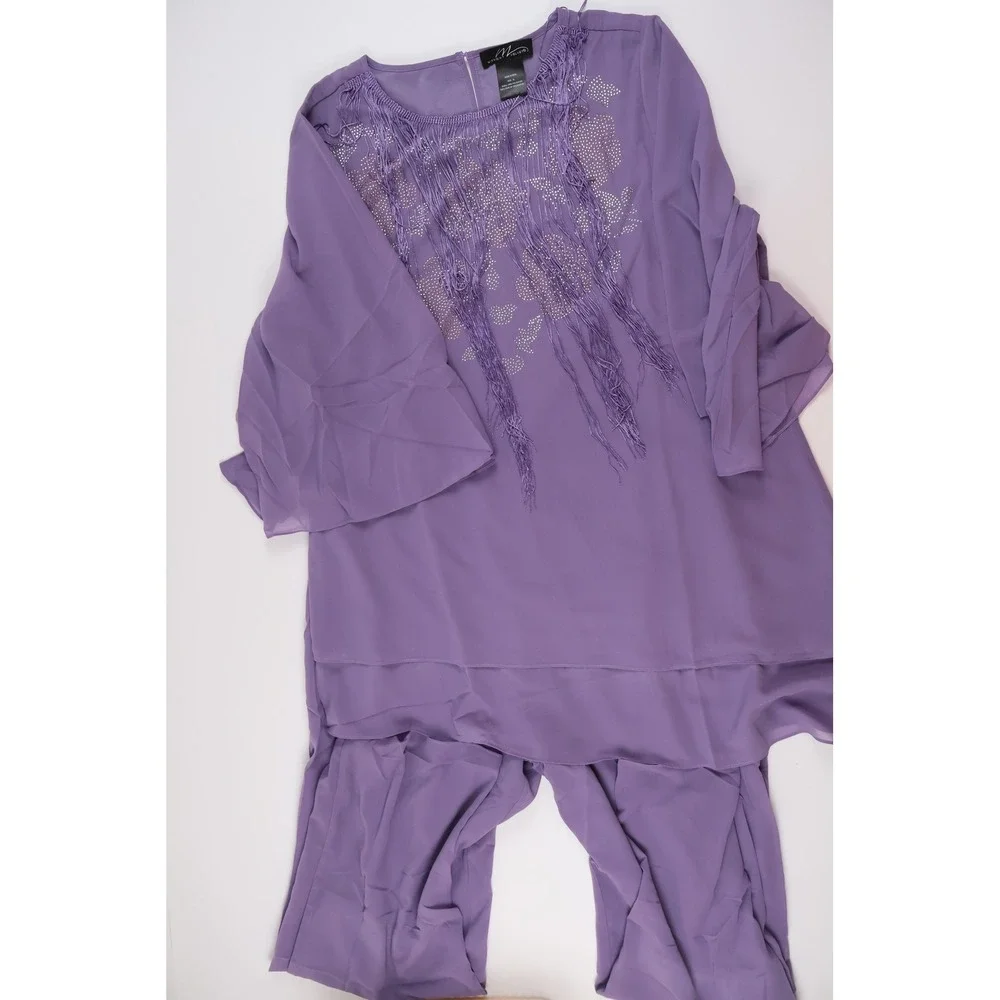 Midnight Velvet Pant Set Tunic Rhinestone Fringe Purple XL NEW