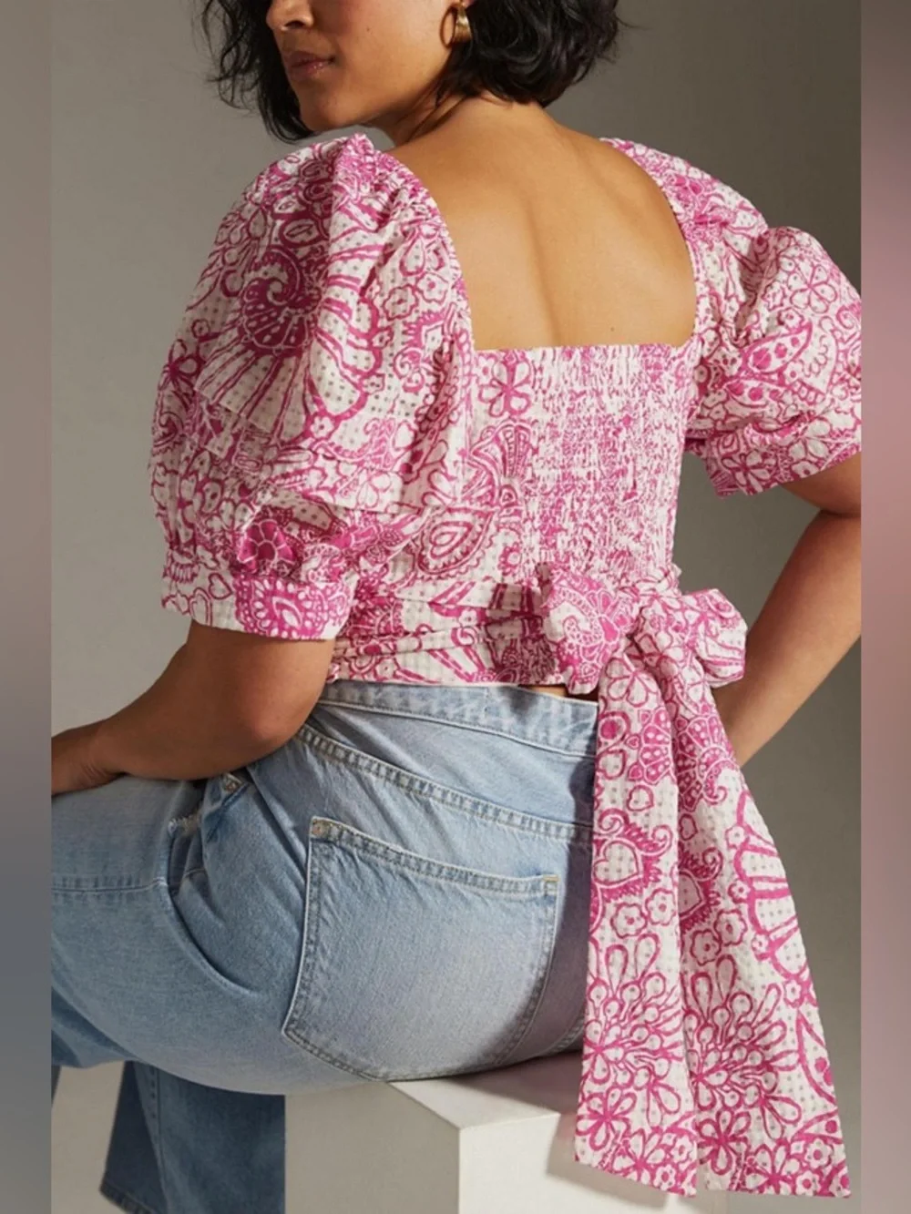 Anthropologie Maeve Twist Front Tie Back Seersucker Top