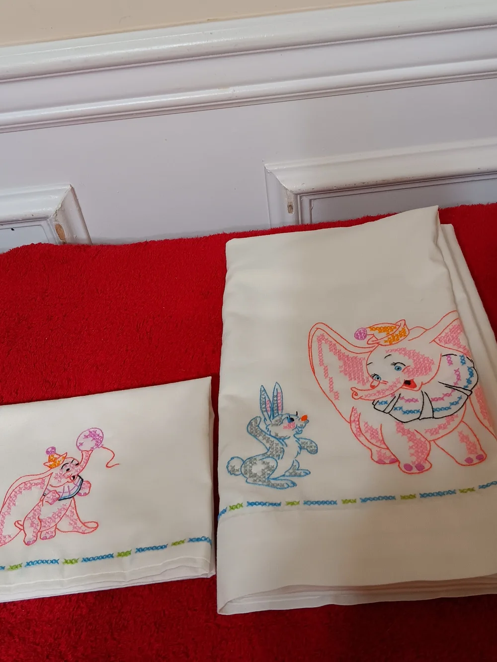 Embroidered Elephant & Bunny Vintage Cotton Crib Sheet Set - Pink, Blue, Cream