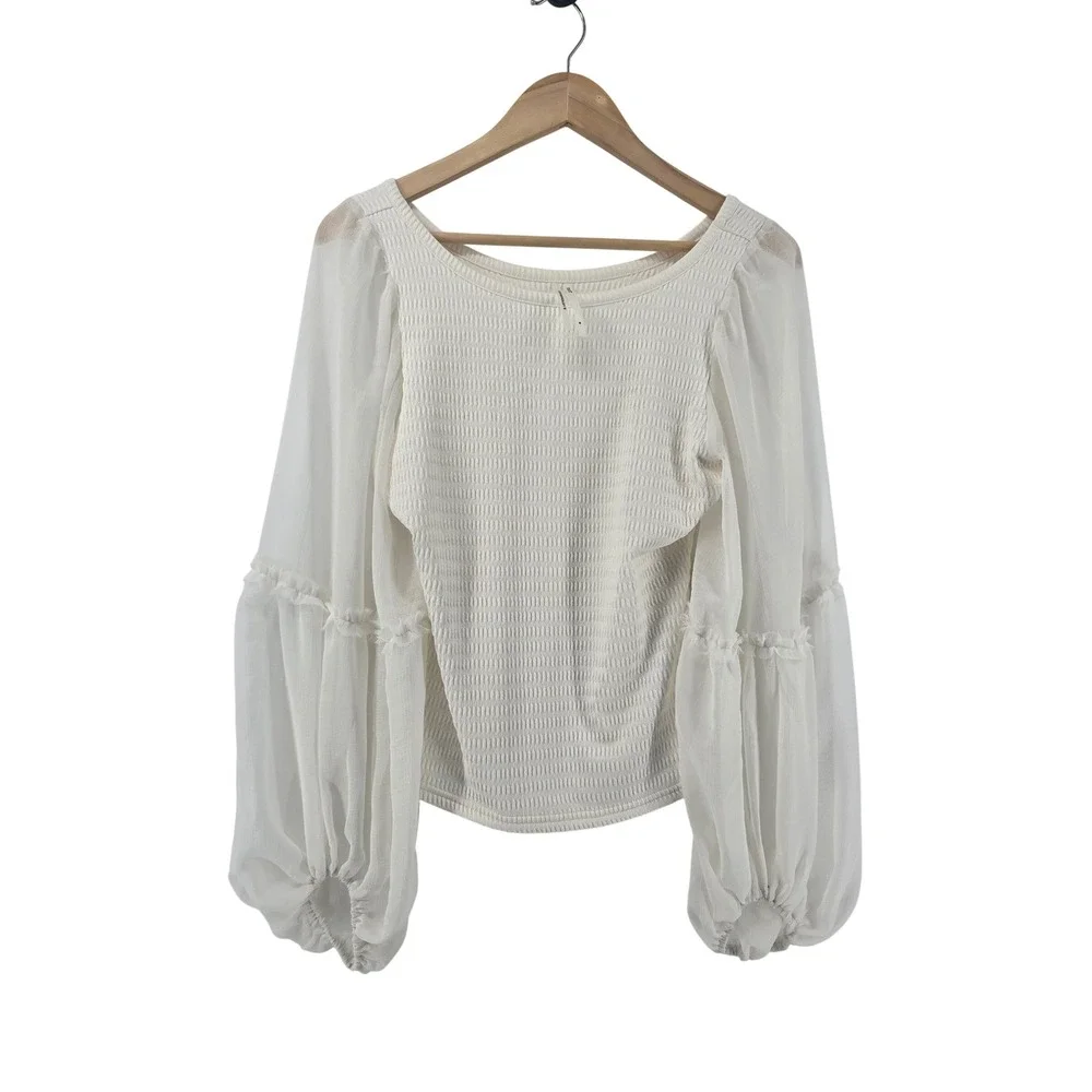 Anthropologie Blouse Womens Medium Ivory Smocked Sheer Balloon Sleeve Ruffle Top