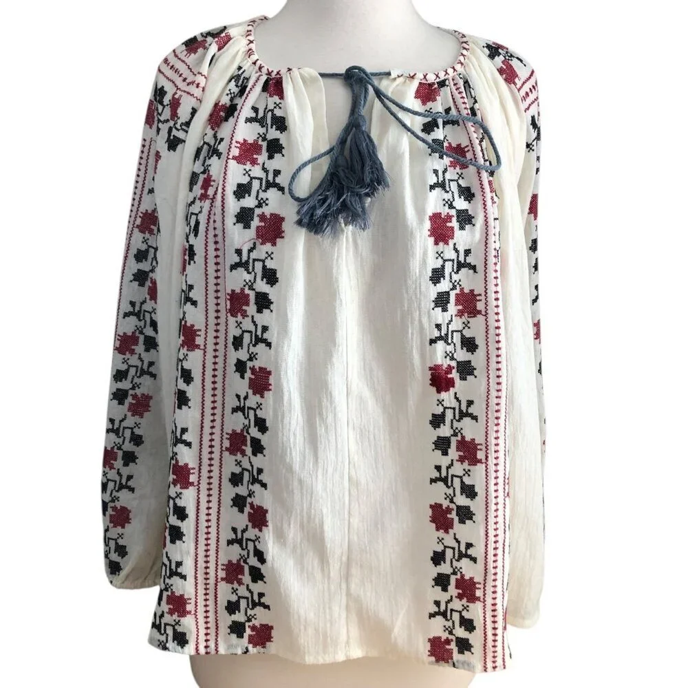 Anthro Vanessa Virginia Embroidered Tunic Women's size XS Ivory Peasant Blouse