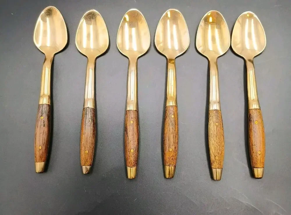 Antique Rosewood Bronze and Wood Set of 6 Small Spoon Thailand Rare