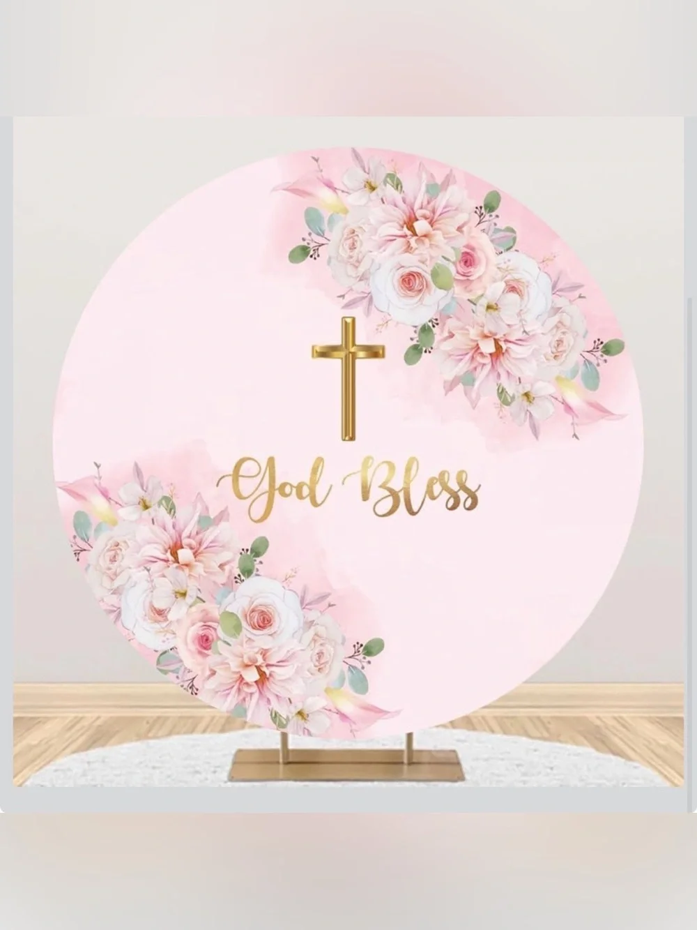 Pink Floral 'God Bless' Round Backdrop with Gold Cross
