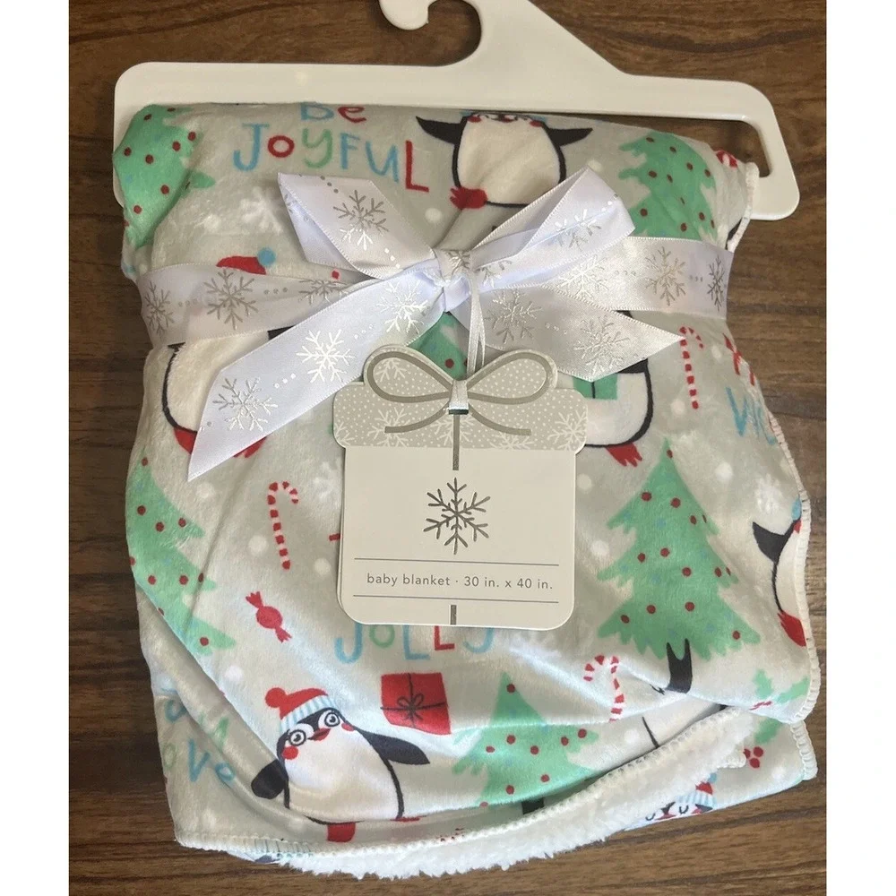 Penguin Christmas Holiday Gray White Baby Blanket 