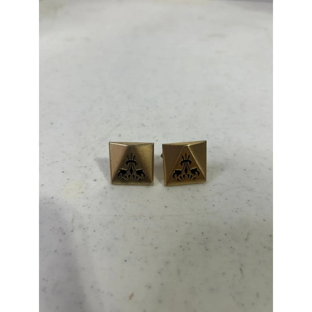 Vintage Gold Tone Square Pyramid Fleur De Lis Cufflinks‎ Mid Century Modern Mens