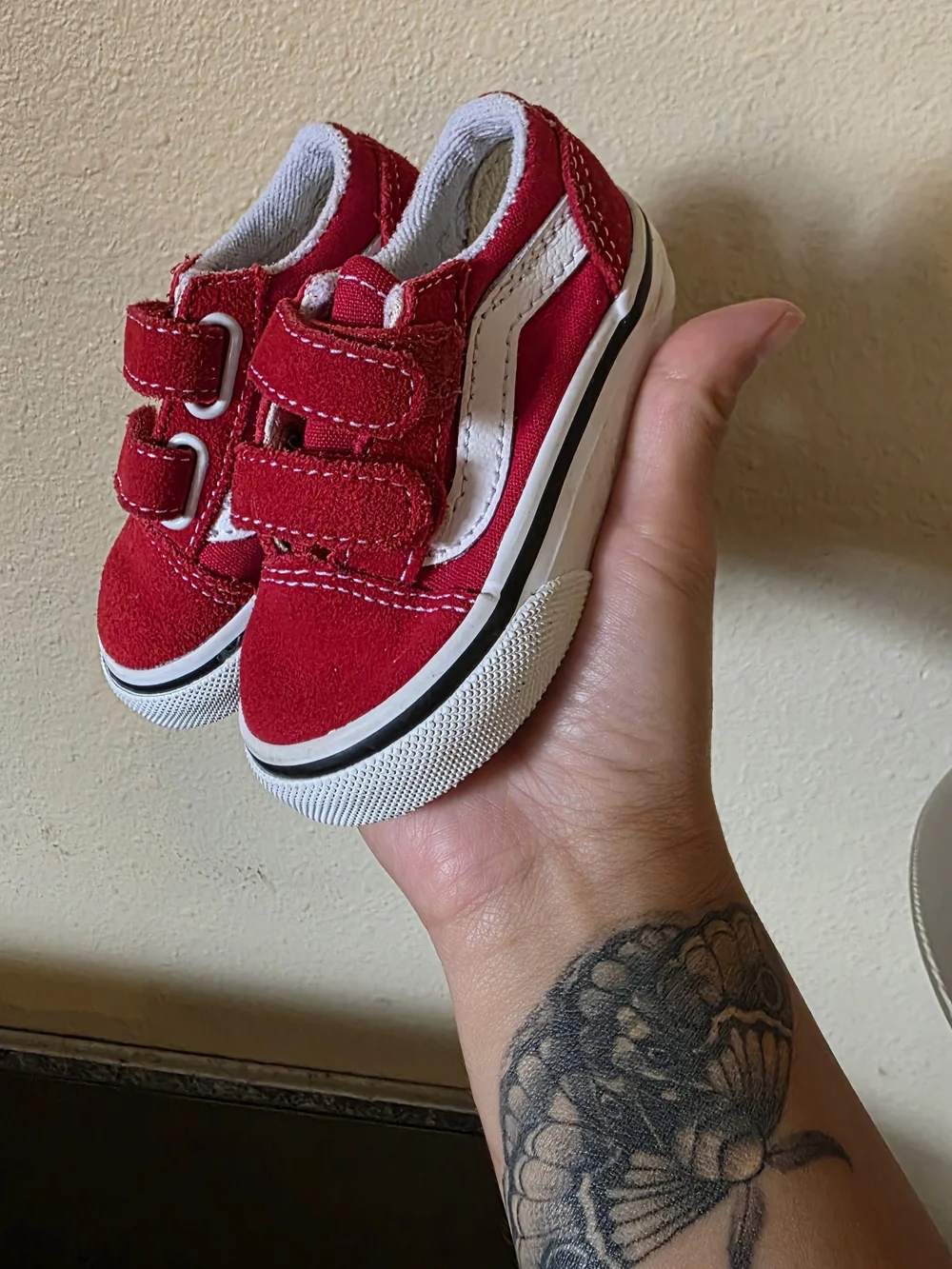 Vans Red and White Toddler Canvas Velcro Sneakers
