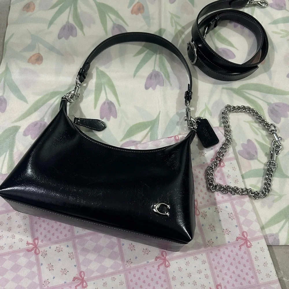 Coach Black Patent Leather Shoulder Bag with Silver Chain