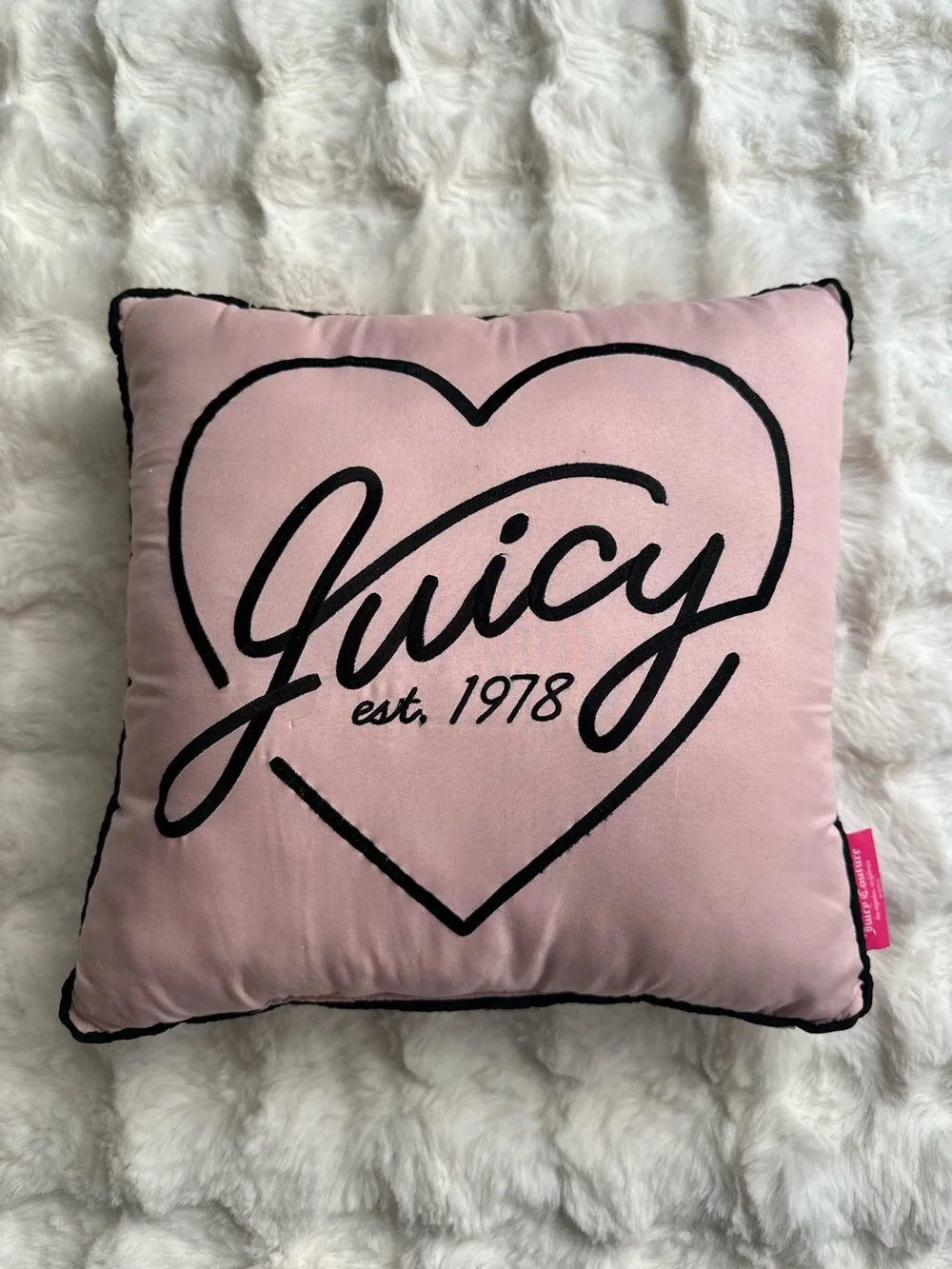 Juicy Couture Pink Pillow with Black Heart Script