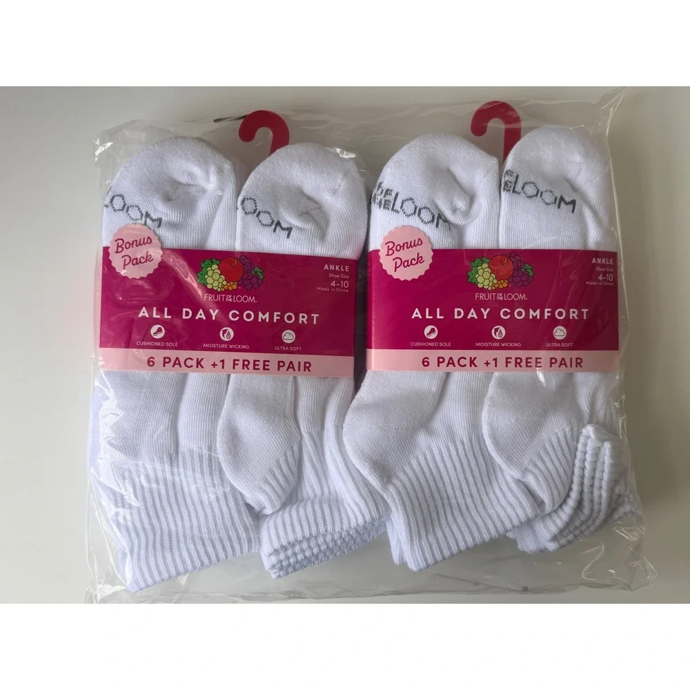 Fruit of the Loom Womens Ankle Socks White 14‎ Pair 2x 6+1 Cushioned NEW