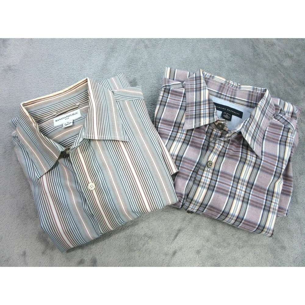 2-pack Banana Republic Shirt Mens Medium 15-15.5 Long Slv Blue Red Plaid Striped