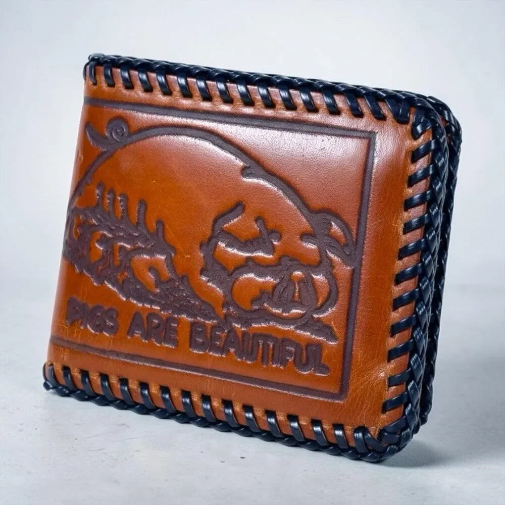 Vtg 1970 Hand Tooled Leather Bifold Wallet Pigs Are Beautiful Whipstitch Western