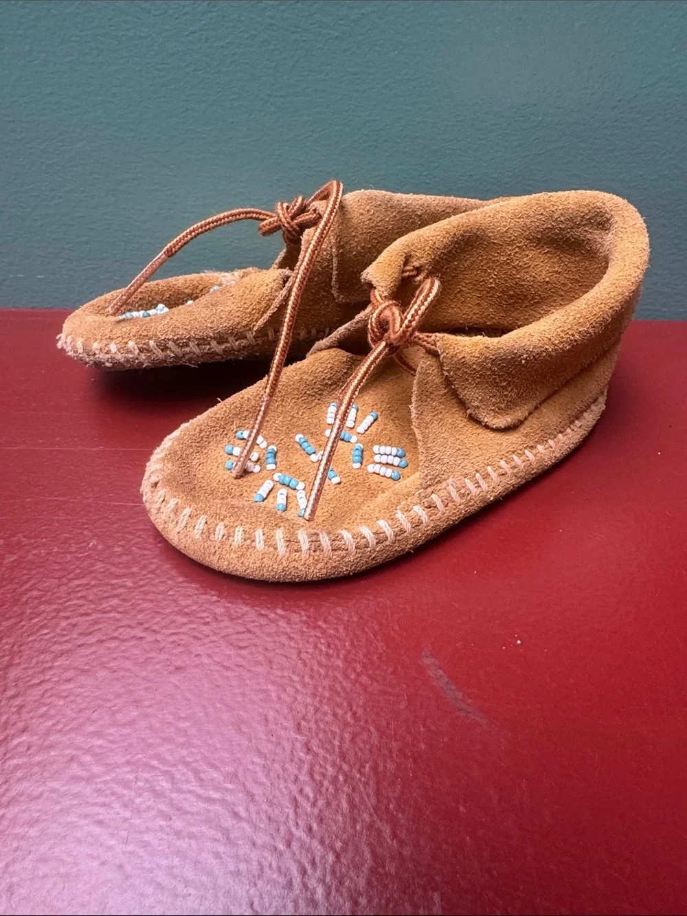 Kids Suede Moccasin Booties in Tan with Bead Detail