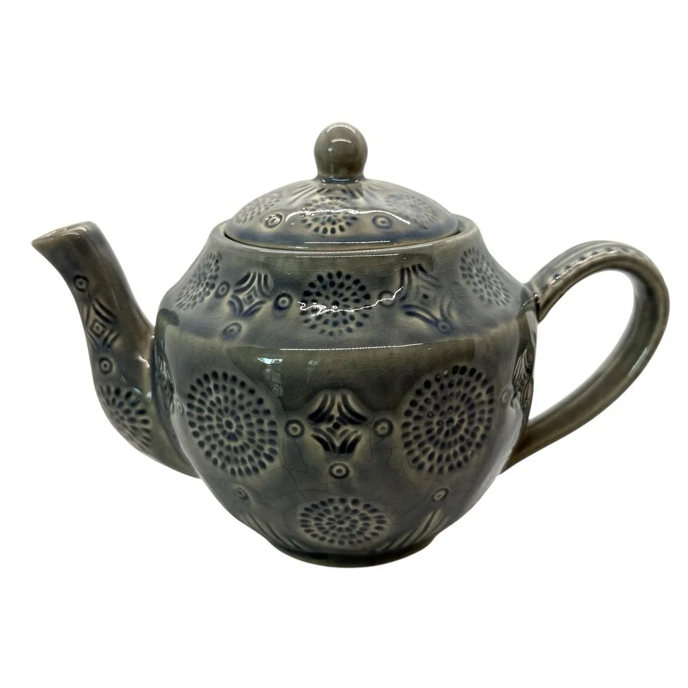 Home Essentials Medallion Collection Stoneware Teapot Light Blue 6in Cottagecore